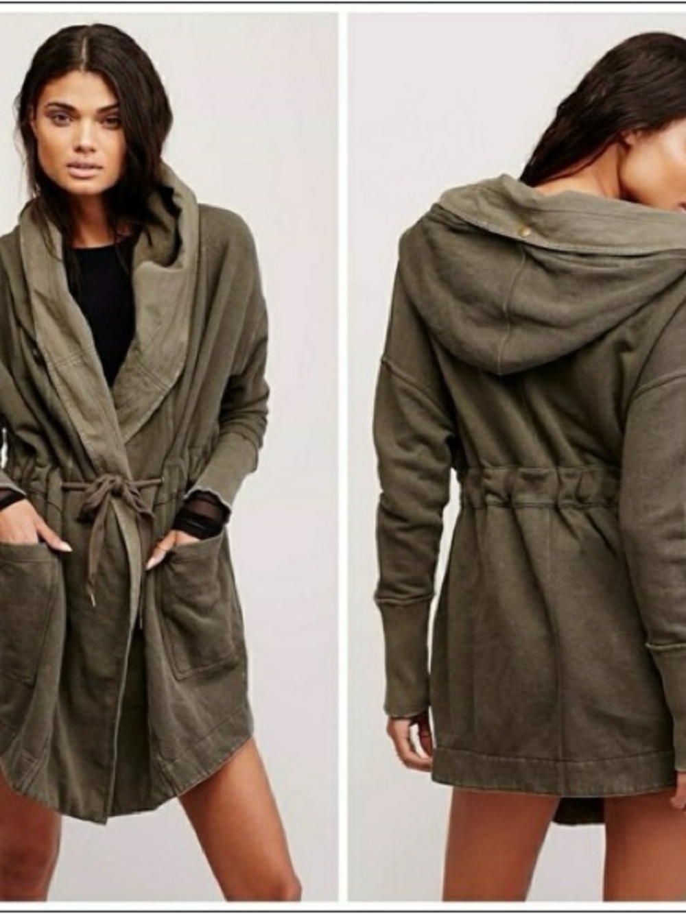 Free People Olive Green Hooded Drawstring Utility Jacket